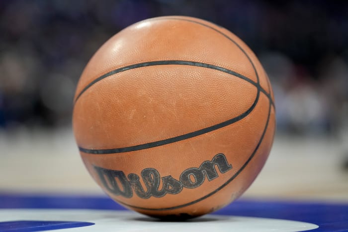 DETROIT, MICHIGAN - MARCH 27: A Wilson brand NBA basketball is pictured during the first quarter of the game between the Detroit Pistons and New York Knicks at Little Caesars Arena on March 27, 2022 in Detroit, Michigan. NOTE TO USER: User expressly acknowledges and agrees that, by downloading and or using this photograph, User is consenting to the terms and conditions of the Getty Images License Agreement. (Photo by Nic Antaya/Getty Images)