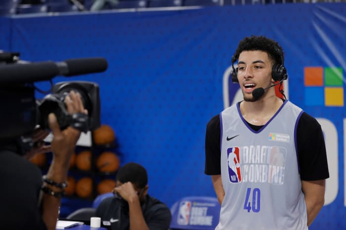 CHICAGO, IL - MAY 20: NBA Prospect, Scotty Pippen Jr. talks to the media during the 2022 NBA Draft Combine on May 20, 2022 at the Wintrust Arena in Chicago, Illinois. (Photo by Kamil Krzaczynski/NBAE via Getty Images)