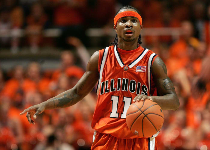 CHAMPAIGN, IL - JANUARY 05: Dee Brown #11 of the Illinois Fighting Illini brings the ball upcourt on his way to a career high 34 points against the Michigan State Spartans on January 5, 2006 in the Assembly Hall at the University of Illinois in Champaign, Illinois. Illinois defeated Michigan State 60-50. (Photo by Jonathan Daniel/Getty Images)