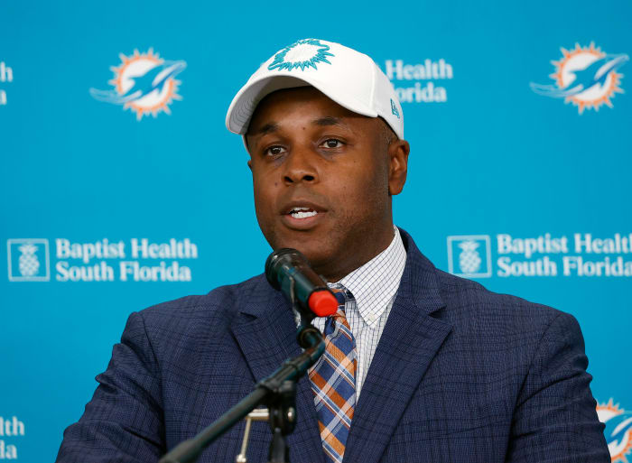 Miami Dolphins GM Chris Grier speaks during a press conference.
