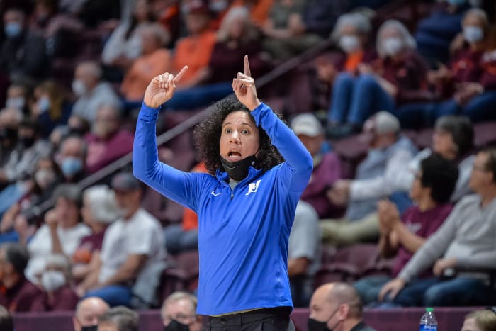 BLACKSBURG, VA - DECEMBER 30: Duke Blue Devils head coach Kara Lawson signals to her team during a college basketball game between the Duke Blue Devils and the Virginia Tech Hokies on December 30, 2021 at Cassell Coliseum in Blacksburg, VA. (Photo by Brian Bishop/Icon Sportswire via Getty Images)