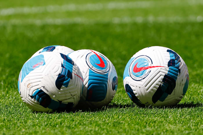 HARRISON, NJ - JUNE 19: A general view of Nike game balls on the field prior to the first half of the NWSL soccer game between NJ/NY Gotham FC and San Diego Wave FC on June 19, 2022 at Red Bull Arena in Harrison, NJ.  (Photo by Rich Graessle/Icon Sportswire via Getty Images)