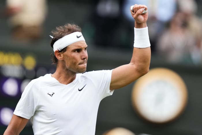 LONDON, ENGLAND - JULY 06: Rafael Nadal of Spain celebrates the victory in the Men's Singles Quarter Finals Match against Taylor Fritz of The United States during day ten of The Championships Wimbledon 2022 at All England Lawn Tennis and Croquet Club on July 06, 2022 in London, England. (Photo by Shi Tang/Getty Images)
