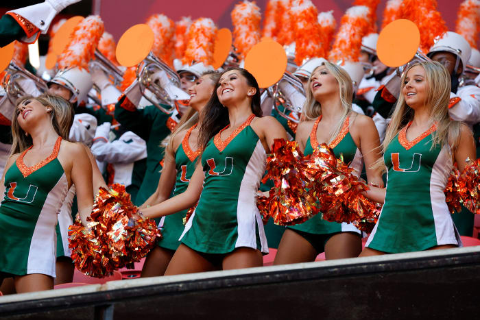 ATLANTA, GA - SEPTEMBER 04: Hurricane cheerleaders perforn prior to the Chick-fil-A Kickoff Game between the Alabama Crimson Tide and the Miami Hurricanes on September 4, 2021 at Mercedes-Benz Stadium in Atlanta, Georgia. (Photo by David J. Griffin/Icon Sportswire via Getty Images)