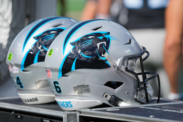 CHARLOTTE, NC - OCTOBER 10: Carolina Panthers helmets sit on a cart during the game between the Carolina Panthers and the Philadelphia Eagles on October 10, 2021 at Bank of America Stadium in Charlotte, NC. (Photo by Andy Lewis/Icon Sportswire via Getty Images)