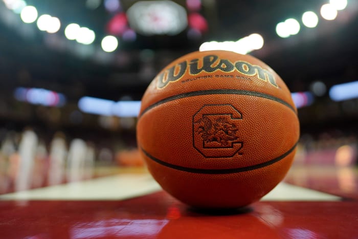 A basketball with the University of South Carolina logo on it.