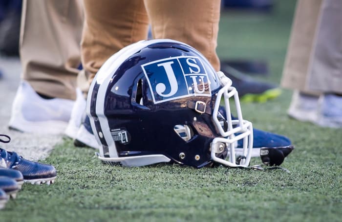 MEMPHIS, TN - SEPTEMBER 14: A JSU branded helmet on the sideline prior to the Southern Heritage Classic game between the Jackson State University Tigers and the Tennessee State Tigers on Saturday September 14, 2019 at Liberty Bowl Memorial Stadium in Memphis, TN. (Photo by Nick Tre. Smith/Icon Sportswire via Getty Images)
