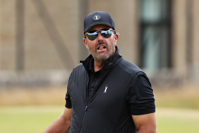 ST ANDREWS, SCOTLAND - JULY 12: Phil Mickelson of The United States looks on during a practice round prior to The 150th Open at St Andrews Old Course on July 12, 2022 in St Andrews, Scotland.  (Photo by Warren Little/Getty Images)