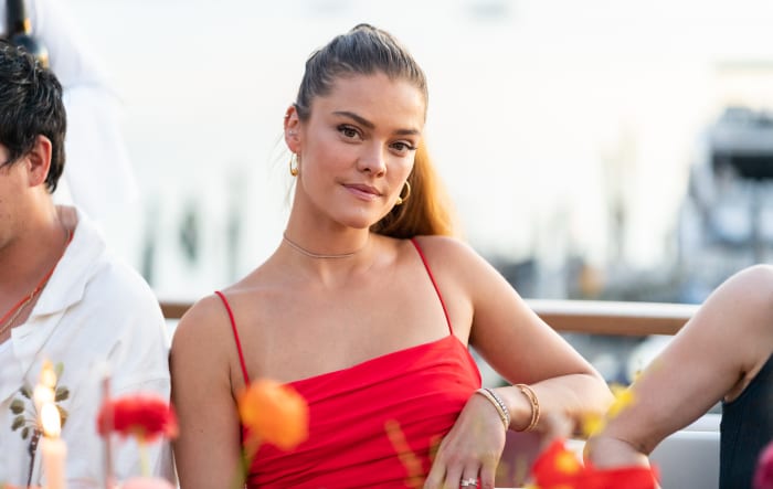 Nina Agdal attends a restaurant in the Hamptons.