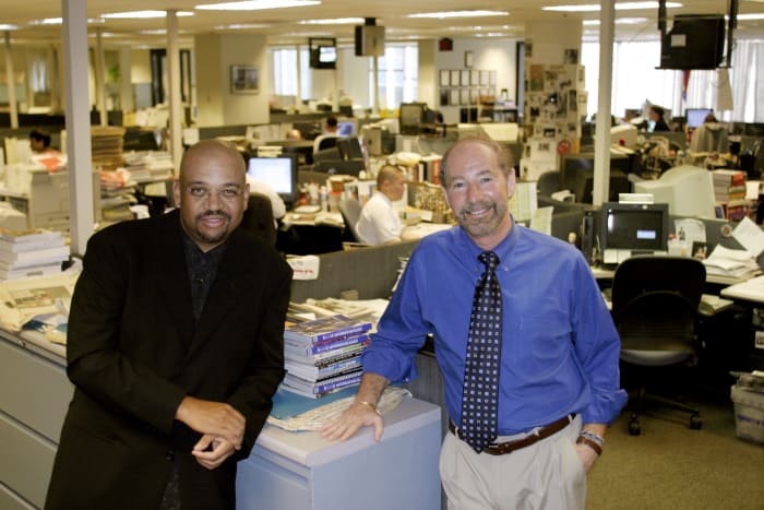 SLUG-PH/WILBON&KORNHEISER--DATE-06/24/2004--LOCATION--Washington Post Newsroom--PHOTOGRAPHER-MARVIN JOSEPH/TWP--CAPTION-A photo of Sports columnists Michael Wilbon (left) and Tony Kornheiser photographed in the sports department.  (Photo by Marvin Joseph/The The Washington Post via Getty Images)