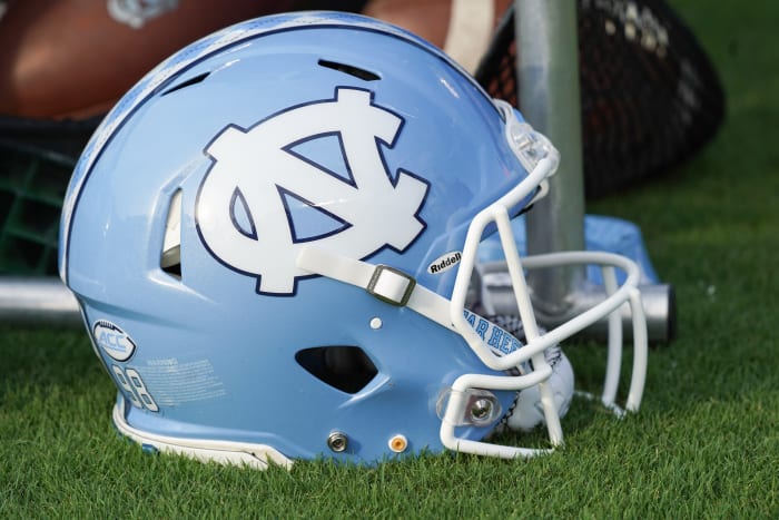 GREENVILLE, NC - SEPTEMBER 08: North Carolina Tar Heels helmet sits on the side lines during a game between the East Carolina Pirates and the North Carolina Tar Heels at Dowdy-Ficklen Stadium in Greenville, NC on September 8, 2018. (Photo by Greg Thompson/Icon Sportswire via Getty Images)