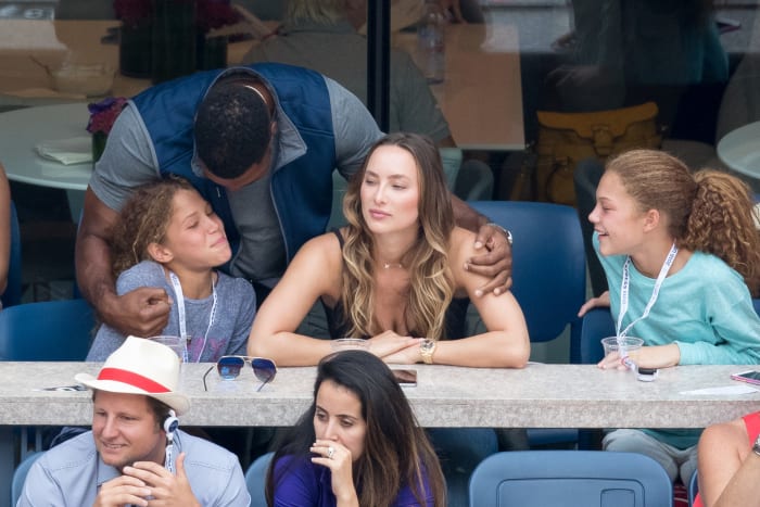 NEW YORK, NY - SEPTEMBER 05: Michael Strahan with 2 daughters and girlfriend Kayla Quick at USTA Billie Jean King National Tennis Center on September 5, 2016 in the Queens borough of New York City. (Photo by BBD/GC Images)