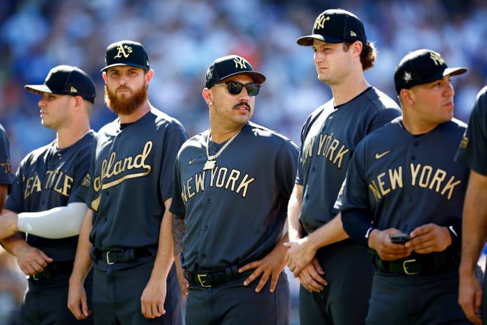 LOS ANGELES, CALIFORNIA - JULY 19: Nestor Cortes #65 of the New York Yankees looks on during introductions before the 92nd MLB All-Star Game presented by Mastercard at Dodger Stadium on July 19, 2022 in Los Angeles, California. (Photo by Ronald Martinez/Getty Images)