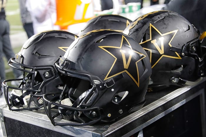 NASHVILLE, TN - NOVEMBER 24: Helmets of the Vanderbilt Commodores rest on the sideline during a game against during a 38-13 Vanderbilt victory over the University of Tennessee at Vanderbilt Stadium on November 24, 2018 in Nashville, Tennessee. (Photo by Frederick Breedon/Getty Images)