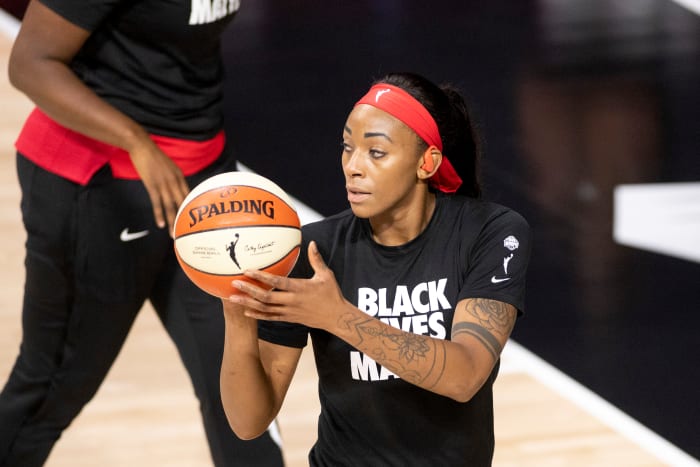 Glory Johnson on the WNBA floor before a game.