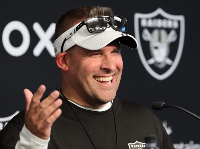 HENDERSON, NEVADA - JUNE 07: Head coach Josh McDaniels of the Las Vegas Raiders laughs during a news conference after the first day of mandatory minicamp at the Las Vegas Raiders Headquarters/Intermountain Healthcare Performance Center on June 07, 2022 in Henderson, Nevada. (Photo by Ethan Miller/Getty Images)