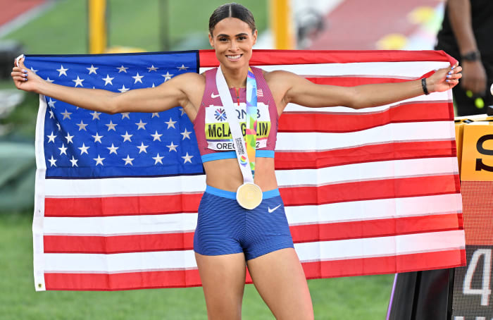 EUGENE, OREGON, USA - JULY 22: Gold medalist Sydney Mclaughlin of Team United States celebrates after the Women's 400m Hurdles Final during the eighteenth edition of the World Athletics Championships at Hayward Field in Eugene, Oregon, United States on July 22, 2022. (Photo by Mustafa Yalcin/Anadolu Agency via Getty Images)