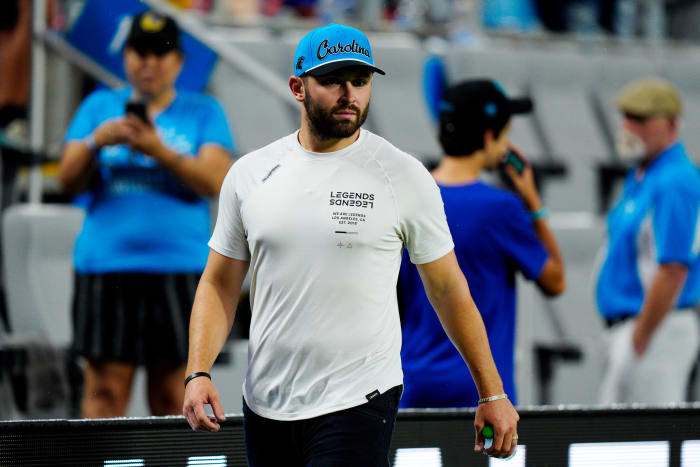 Charlotte, North Carolina - JULY 20: Baker Mayfield of the Carolina Panthers looks on before a pre-season friendly match between Chelsea FC and Charlotte FC at Bank of America Stadium on July 20, 2022 in Charlotte, North Carolina.  (Photo by Jacob Kupferman/Getty Images)