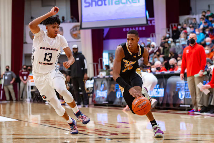 SPRINGFIELD, MA - JANUARY 17: Hansel-Emmanuel Donato of Life Christian Academy (24) drives to the basket during the first half of the Spalding Hoophall Classic high school basketball game between Wilbraham and Monson Academy and Life Christian Academy on January 17, 2022 at Blake Arena in Springfield, MA (Photo by John Jones/Icon Sportswire via Getty Images)
