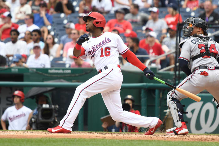 WASHINGTON, DC - JULY 17: Victor Robles #16 of the Washington Nationals takes a swing during a baseball game against the Atlanta Braves at Nationals Park on July 17, 2022 in Washington, DC. (Photo by Mitchell Layton/Getty Images)