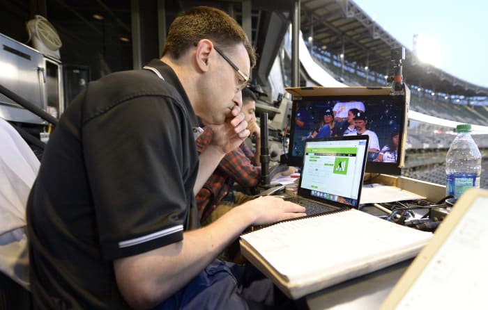 CHICAGO - SEPTEMBER 24: Chicago White Sox television play by play announcer Jason Benetti looks on prior to the game against the Cleveland Indians on September 24, 2019 at Guaranteed Rate Field in Chicago, Illinois. (Photo by Ron Vesely/MLB Photos via Getty Images)