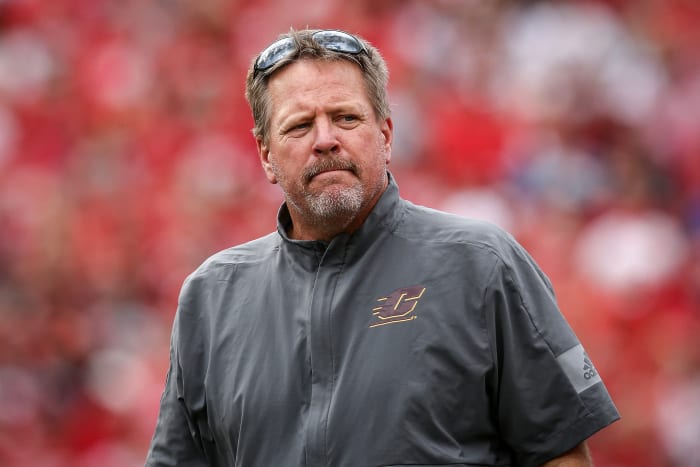 MADISON, WISCONSIN - SEPTEMBER 07: Head coach Jim McElwain of the Central Michigan Chippewas looks on in the second quarter against the Wisconsin Badgers at Camp Randall Stadium on September 07, 2019 in Madison, Wisconsin. (Photo by Dylan Buell/Getty Images)