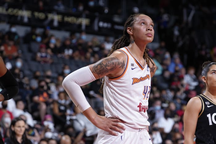 Brittney Griner looks on during the Phoenix Mercury game.