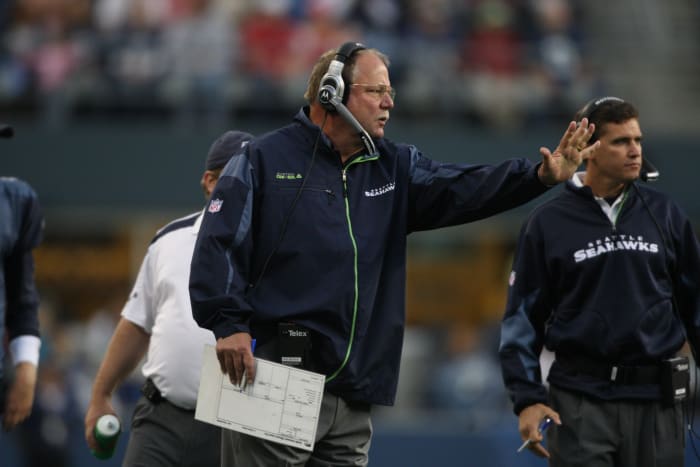 SEATTLE, WA - AUGUST 29: Head Coach Mike Holmgren of the Seattle Seahawks looks on during a game against the Oakland Raiders on August 29, 2008 at Qwest Field in Seattle, Washington. (Photo by Sporting News via Getty Images via Getty Images)