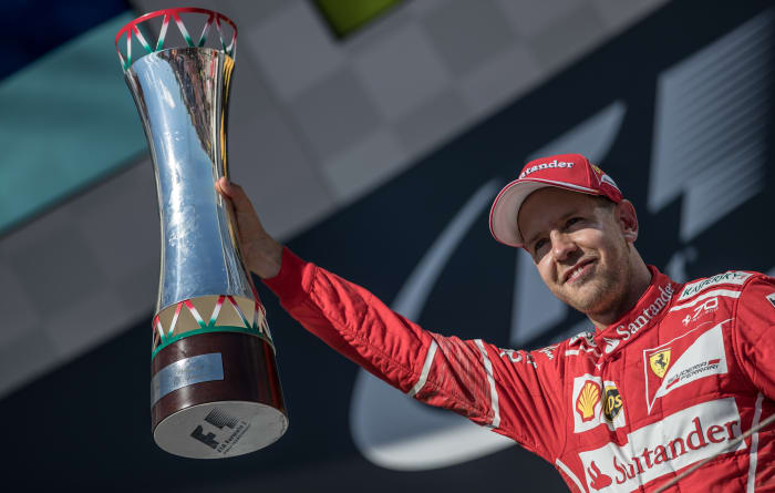 Sebastian Vettel of Germany and Scuderia Ferrari with the trophy at Pirelli Hungarian Formula 1 Grand Prix on Jul 30, 2017 in Mogyoród, Hungary. (Photo by Robert Szaniszló/NurPhoto via Getty Images)