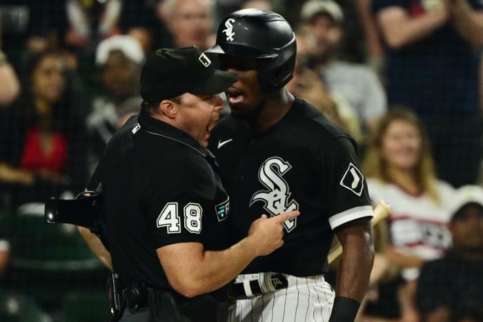 CHICAGO, ILLINOIS - JULY 29: Tim Anderson #7 of the Chicago White Sox is ejected from the game after making contact with umpire Nick Mahrley #48 in the seventh inning against the Oakland Athletics at Guaranteed Rate Field on July 29, 2022 in Chicago, Illinois. (Photo by Quinn Harris/Getty Images)