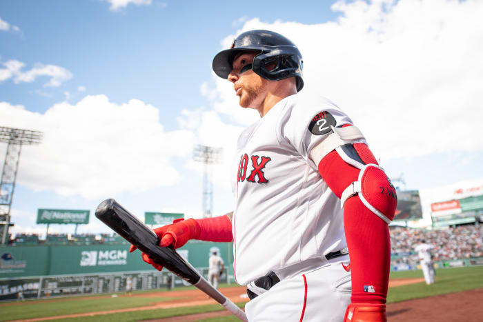 BOSTON, MA - JULY 30: Christian Vázquez #7 of the Boston Red Sox walks out of the dugout to bat during the first inning of a game against the Milwaukee Brewers on July 30, 2022 at Fenway Park in Boston, Massachusetts. (Photo by Maddie Malhotra/Boston Red Sox/Getty Images)