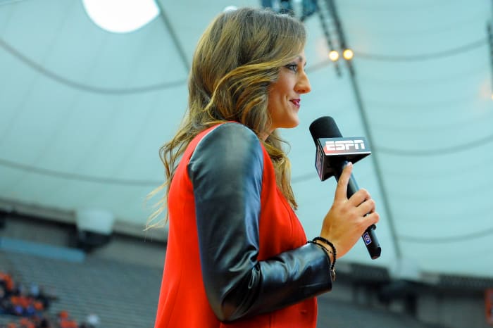 SYRACUSE, NY - JANUARY 28: ESPN sideline reporter Allison Williams during the game between the Florida State Seminoles and the Syracuse Orange at the Carrier Dome on January 28, 2017 in Syracuse, New York. Syracuse defeated Florida State 82-72. (Photo by Rich Barnes/Getty Images)