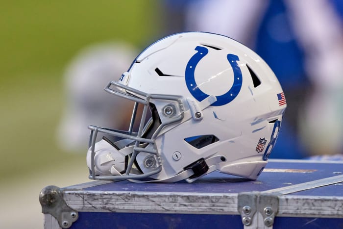 CHICAGO, IL - OCTOBER 04: A detail view of an Indianapolis Colts helmet is seen resting on an equipment chest in game action during a NFL game between the Chicago Bears and the Indianapolis Colts on October 4th, 2020, at Soldier Field in Chicago, IL. (Photo by Robin Alam/Icon Sportswire via Getty Images)