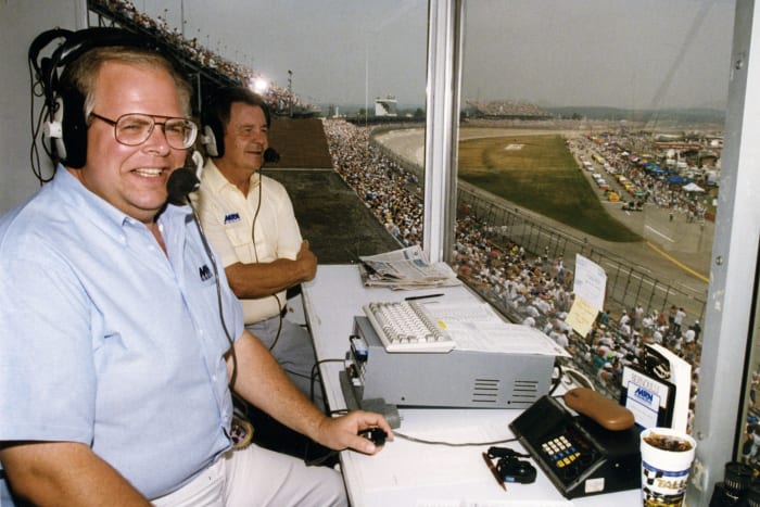 TALLADEGA, AL: Announcer Eli Gold started broadcasting for Motor Racing Network (MRN) in 1976, heard on 500 radio affiliates, and in 1982 added NASCAR Live, a weekly radio call-in show heard on 450 MRN affiliates. (Photo by ISC Archives/CQ-Roll Call Group via Getty Images)