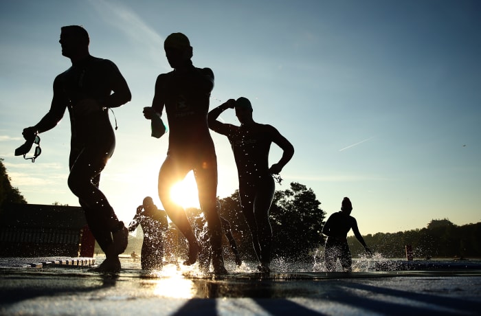 Athletes compete during a world triathlon event.