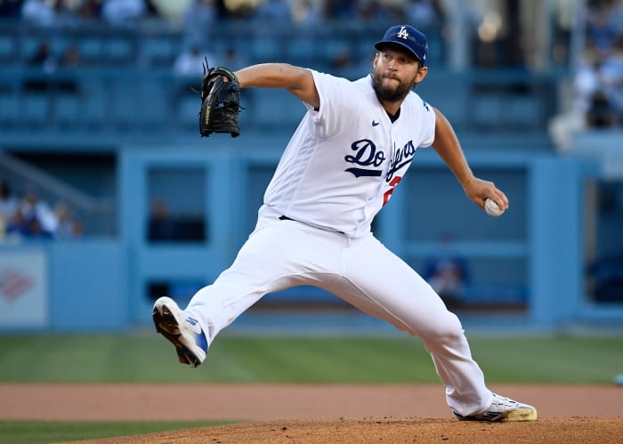 LOS ANGELES, CALIFORNIA - JULY 9: Los Angeles Dodgers starter Clayton Kershaw #22 pitches against the Chicago Cubs during the first inning on July 9, 2022 at Dodger Stadium in Los Angeles, California. Photo credit: Kevork Djansezian/Getty Images)