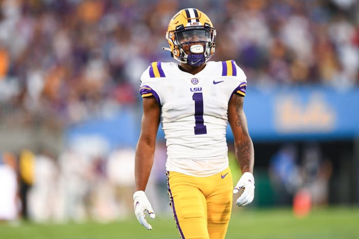 Kayshon Boutte on the field for the LSU-UCLA game.