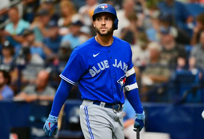 ST PETERSBURG, FLORIDA - MAY 15: George Springer #4 of the Toronto Blue Jays reacts after striking out in the sixth inning against the Tampa Bay Rays at Tropicana Field on May 15, 2022 in St Petersburg, Florida. (Photo by Julio Aguilar/Getty Images)