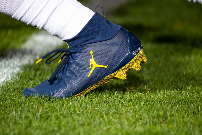 UNIVERSITY PARK, PA - OCTOBER 19: Detail view of Air Jordan football cleats worn by a member of the Michigan Wolverines before the game against the Penn State Nittany Lions on October 19, 2019 at Beaver Stadium in University Park, Pennsylvania. Penn State defeats Michigan 28-21. (Photo by Brett Carlsen/Getty Images)