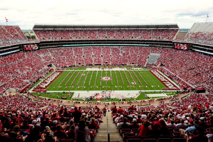 A general view of Bryant-Denny Stadium as Alabama's Million Dollar Band performs during a game against the Western Kentucky Hilltoppers.