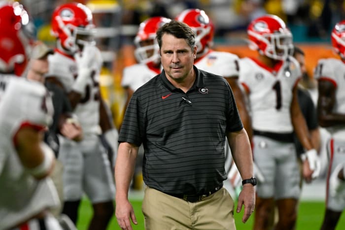 Georgia defensive coordinator Will Muschamp on the field.