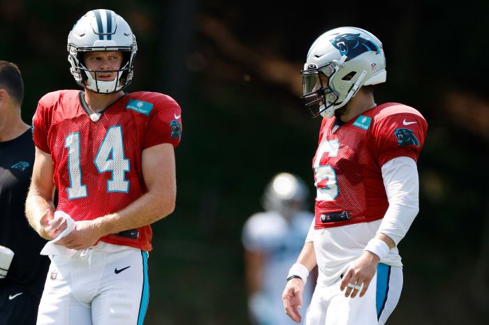 Sam Darnold and Baker Mayfield look on during Carolina Panthers training camp at Wofford College.