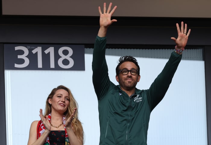 Ryan Reynolds and Blake Lively attend a Wrexham A.F.C. match at England's Wembley Stadium.