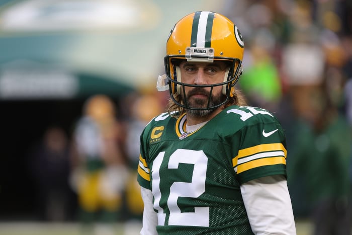 Green Bay Packers quarterback Aaron Rodgers warms up before a game against the Cleveland Browns.