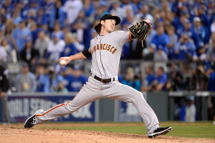 KANSAS CITY, MO - OCTOBER 22: Tim Lincecum #55 of the San Francisco Giants pitches during Game 2 of the 2014 World Series against the Kansas City Royals on Wednesday, October 22, 2014 at Kauffman Stadium in Kansas City, Missouri. (Photo by Ron Vesely/MLB via Getty Images)