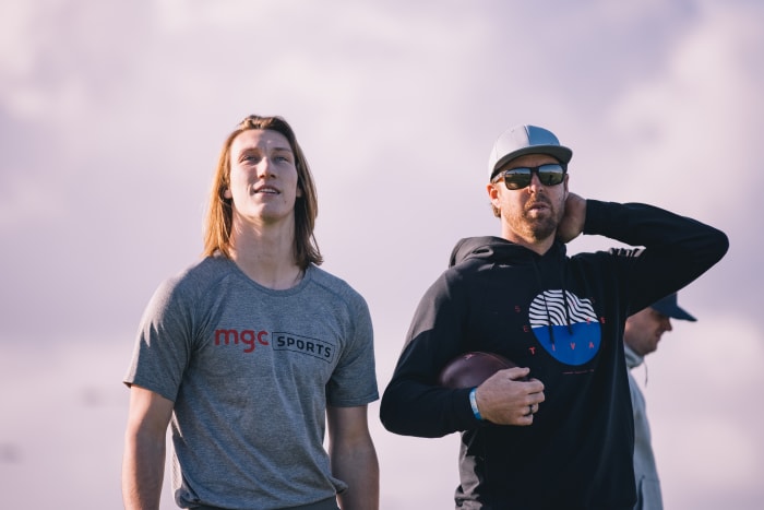 Jordan Palmer alongside Trevor Lawrence for a workout.