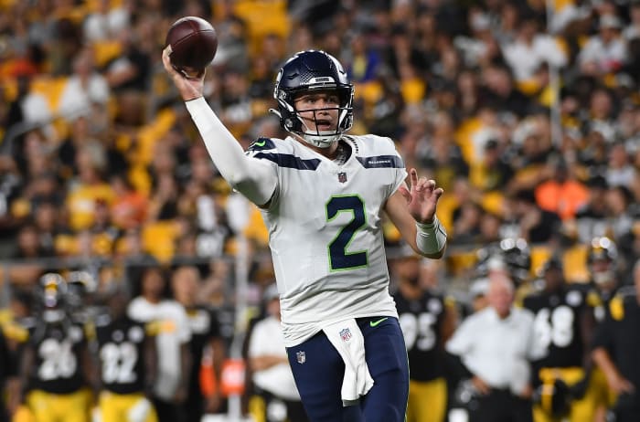 Seahawks quarterback Drew Lock.  (Photo by Justin Berl/Getty Images)