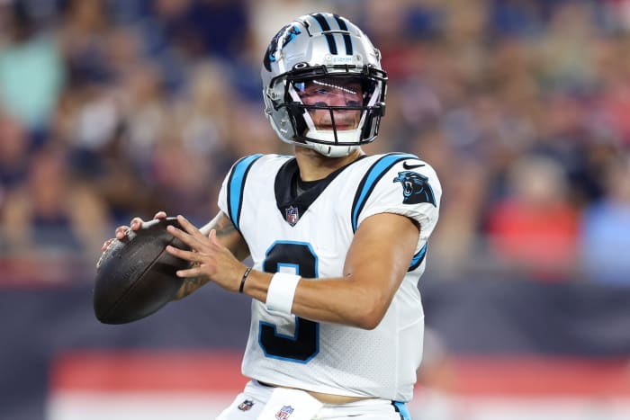 Matt Corral throwing a pass for the Carolina Panthers in the preseason opener.
