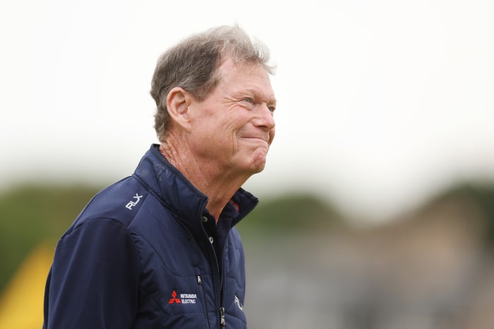 Tom Watson smiles during the Celebration of Champions prior to The 150th Open at St Andrews in 2022.