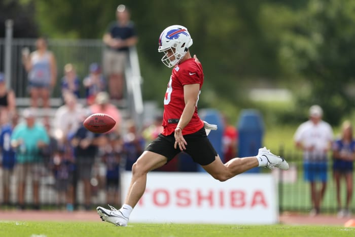 Matt Araiza punting for the Buffalo Bills during training camp.